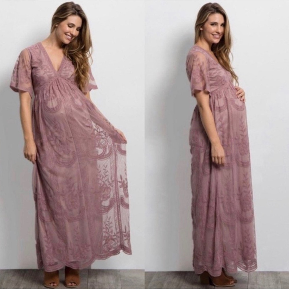 PinkBlush Mauve Lace Mesh Overlay Maternity Maxi Dress‎